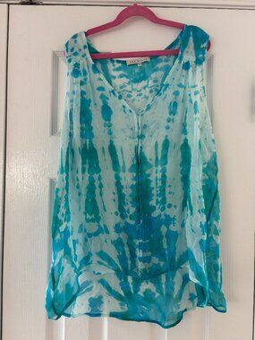 Red Haute Tank, Size Large, Turquoise, Green and White Sheer Top